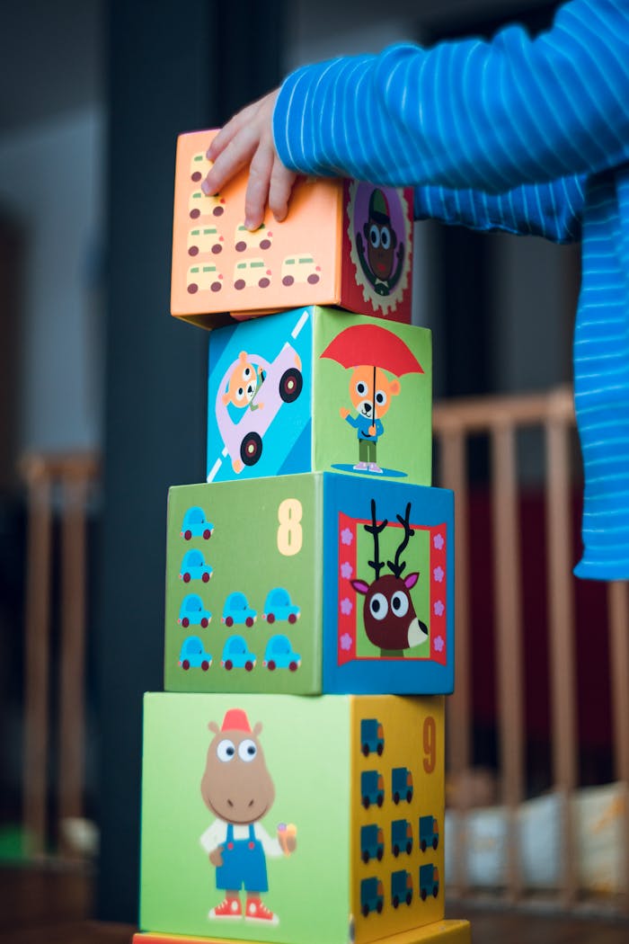 services-01 A child playing indoors, stacking colorful wooden toy blocks with joyful illustrations.